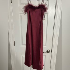 Midi satin spaghetti strap dress with feather neckline